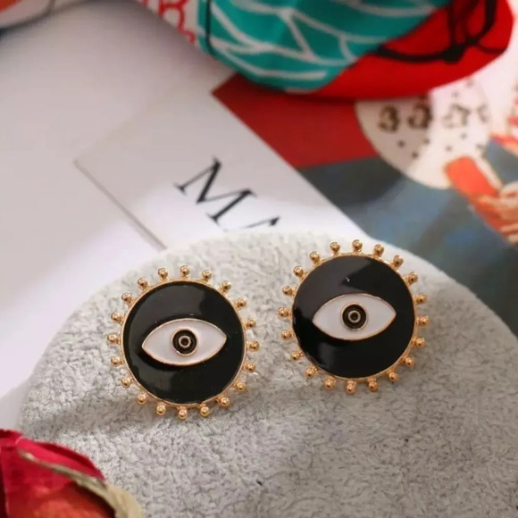 NEW! Boho Round Studded Enamel Evil Eye Stud Earrings - Picture 3 of 10